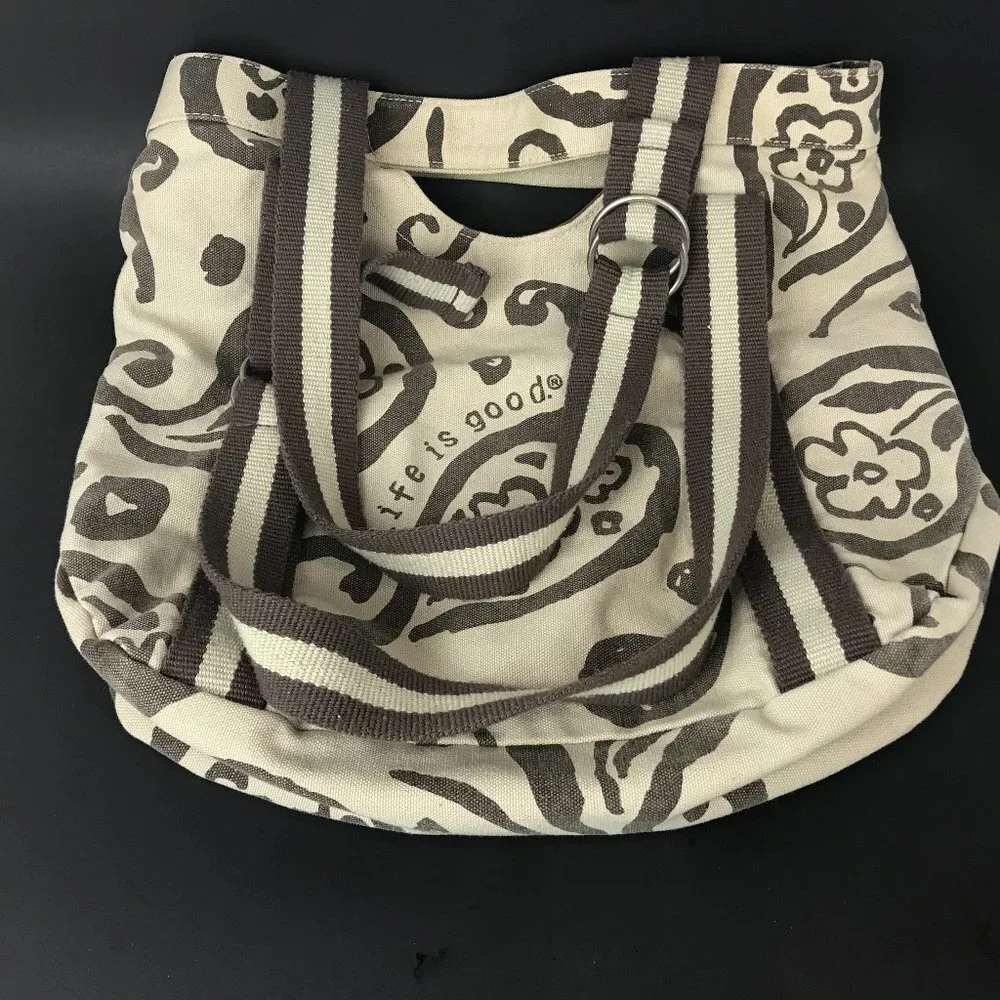 Life is Good Beige and Brown Tote with adjustable handles